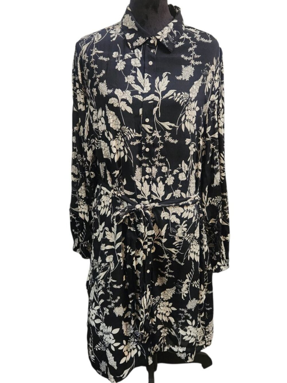 Well Worn Black & White Floral Shirt Dress with Tie Waist Size XL